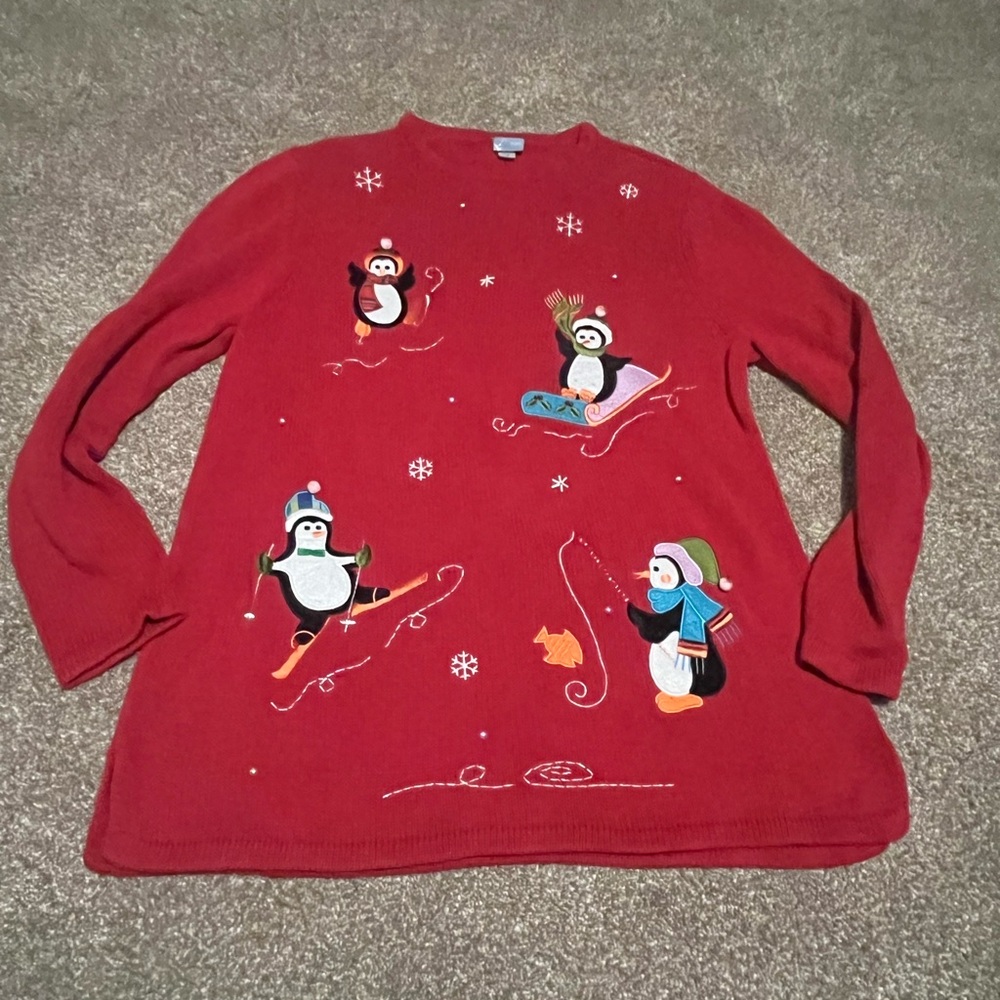 Y2K Festive Red Sweater with Penguin Design